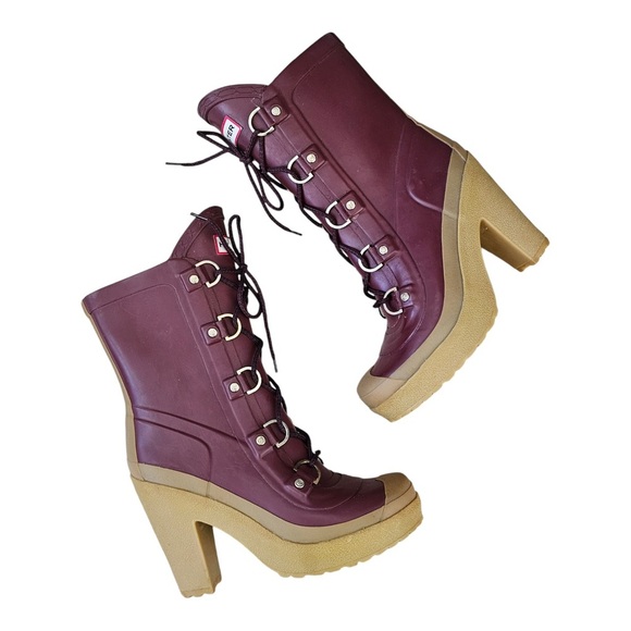 Hunter Gabby lace up high heel rubber rain boots burgundy size 8 / size 39 - Picture 1 of 15
